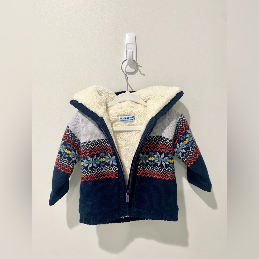 Faux fur lined zip up infant sweater